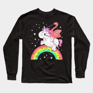 Cute Funny Unicorn Flamingo Riding Rainbow Awesome Long Sleeve T-Shirt
